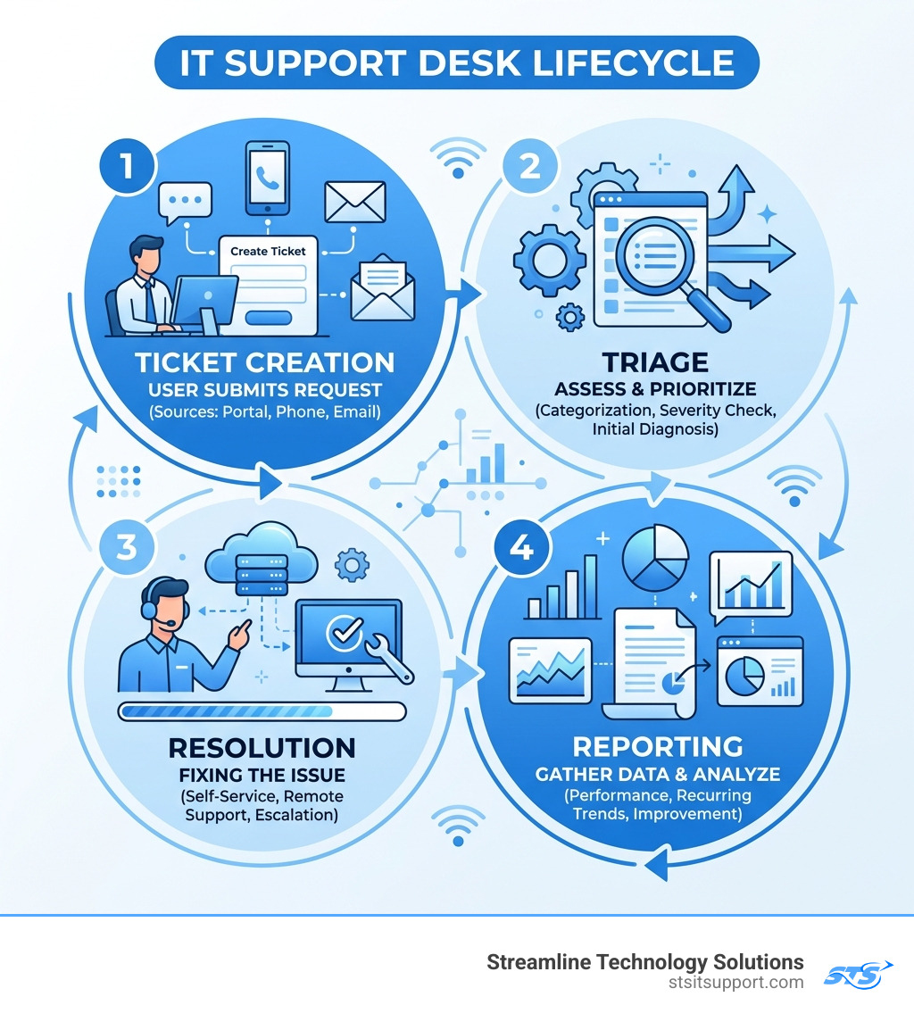 IT support desk lifecycle: ticket creation, triage, resolution, and reporting infographic - it support desk infographic IT support desk lifecycle: ticket creation, triage, resolution, and reporting infographic - it support desk infographic