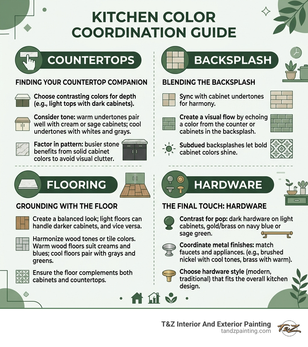 Infographic showing how to coordinate kitchen cabinet colors with countertops, backsplash, flooring, and hardware - best