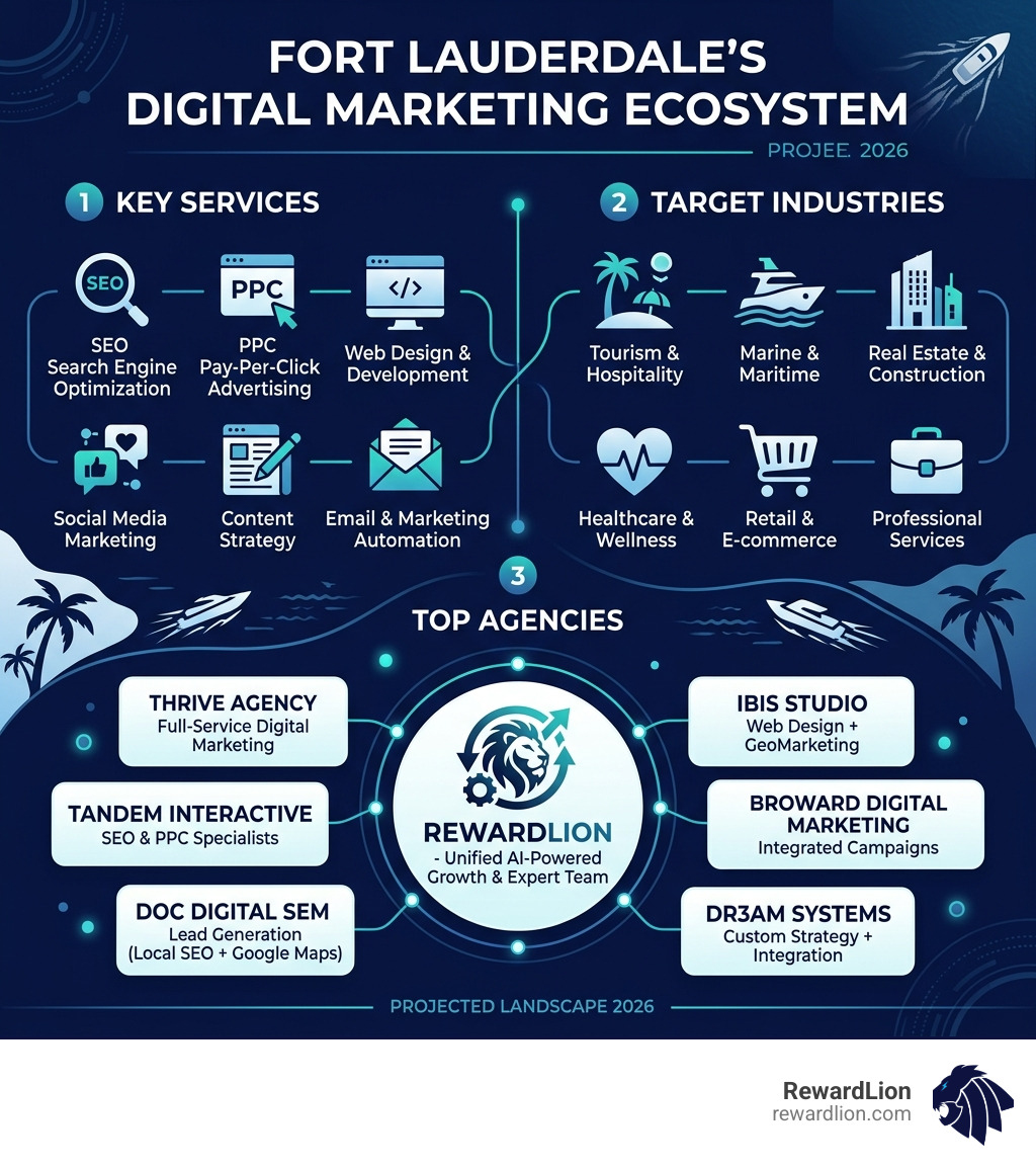 Infographic showing Fort Lauderdale digital marketing ecosystem with key services, industries, and top agencies - digital