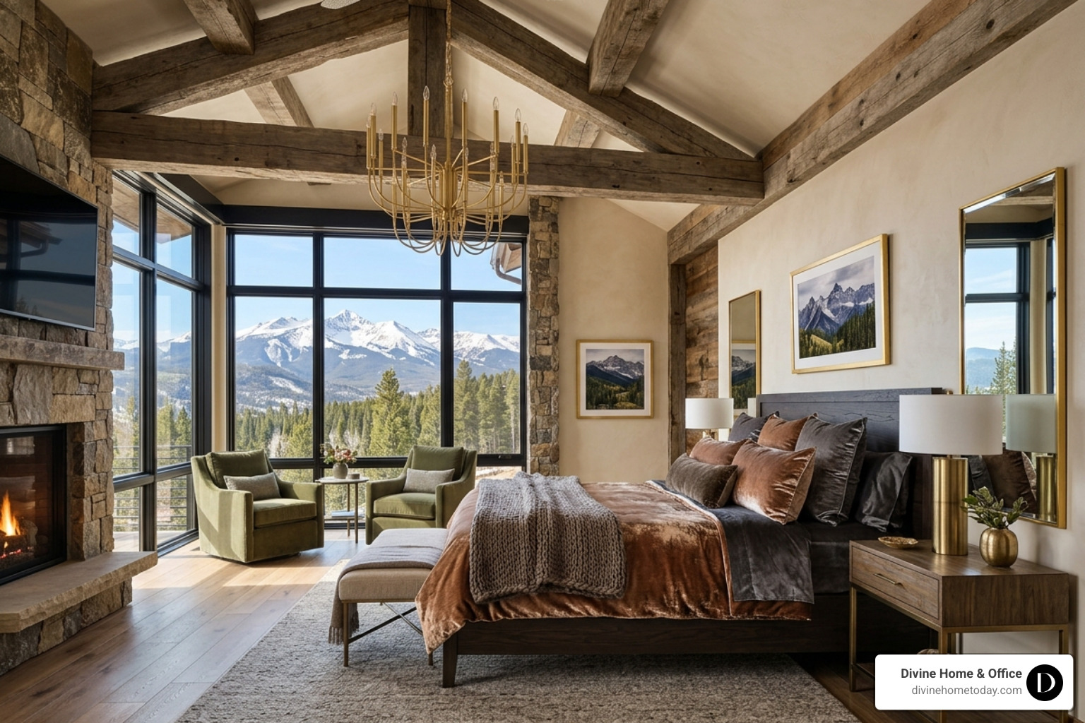 Luxury master bedroom in a Denver home featuring exposed timber beams, metallic-toned velvet bedding, and a brushed gold Luxury master bedroom in a Denver home featuring exposed timber beams, metallic-toned velvet bedding, and a brushed gold