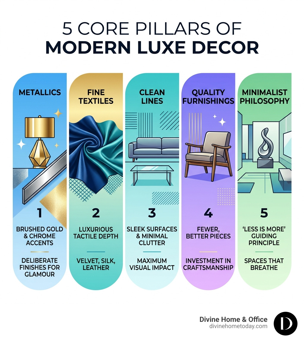 Infographic explaining the five core pillars of modern luxe decor: metallics, fine textiles, clean lines, quality Infographic explaining the five core pillars of modern luxe decor: metallics, fine textiles, clean lines, quality