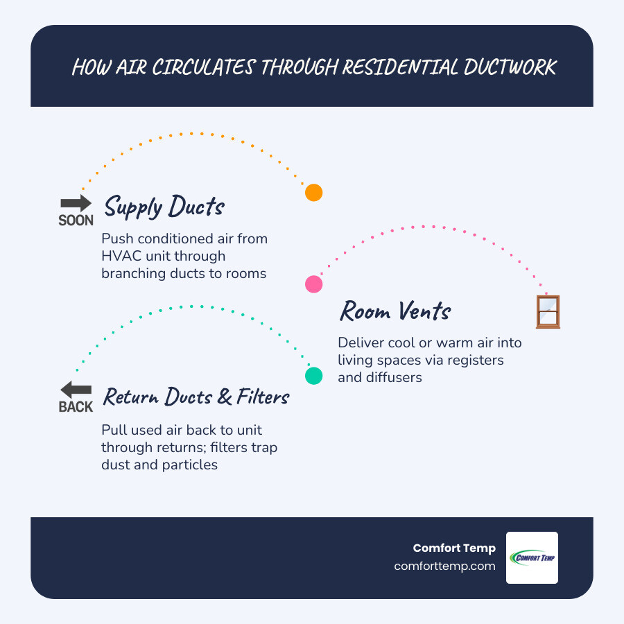 Infographic showing how air circulates through residential ductwork supply return ducts filters and vents - AC duct cleaning Infographic showing how air circulates through residential ductwork supply return ducts filters and vents - AC duct cleaning