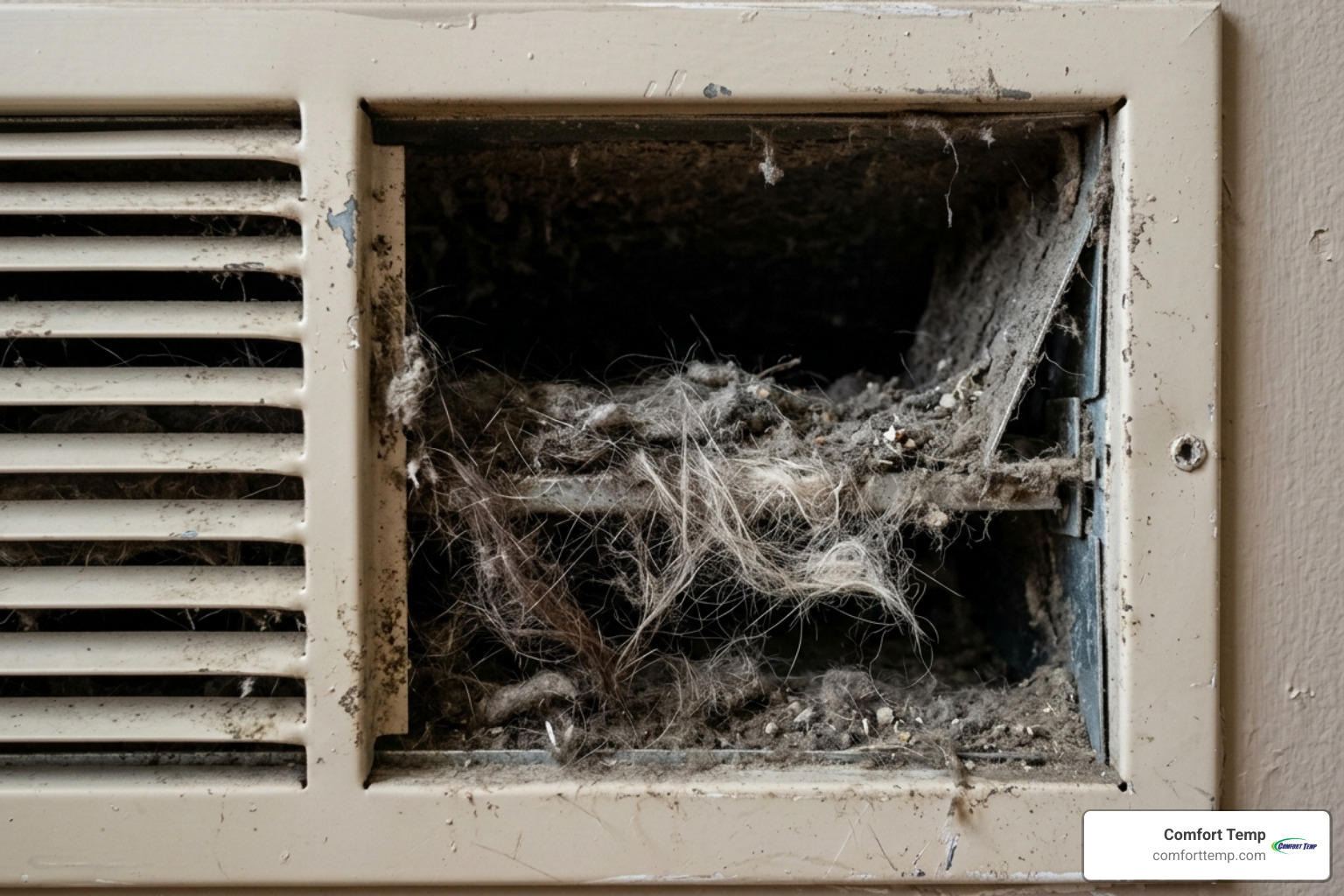 Dust and pet hair buildup visible behind a residential vent grille - AC duct cleaning Dust and pet hair buildup visible behind a residential vent grille - AC duct cleaning