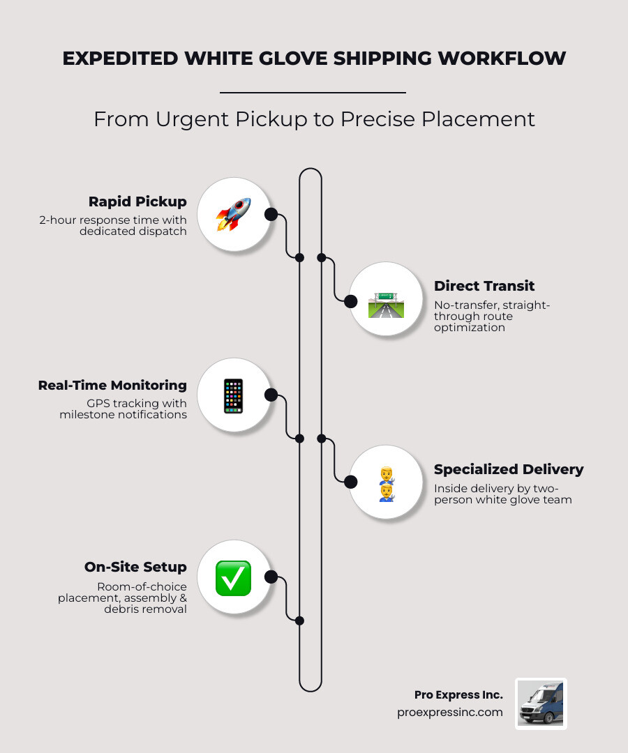 Expedited white glove shipping workflow infographic showing pickup, transit, delivery, and setup steps - expedited white Expedited white glove shipping workflow infographic showing pickup, transit, delivery, and setup steps - expedited white
