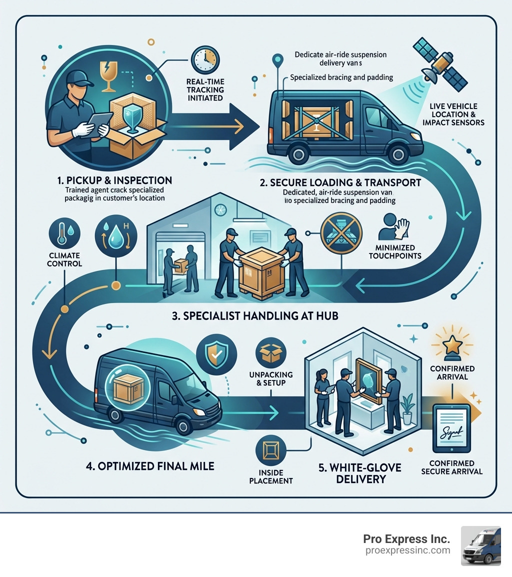 Fragile shipping lifecycle from pickup through specialist handling to white-glove delivery - courier for fragile items Fragile shipping lifecycle from pickup through specialist handling to white-glove delivery - courier for fragile items