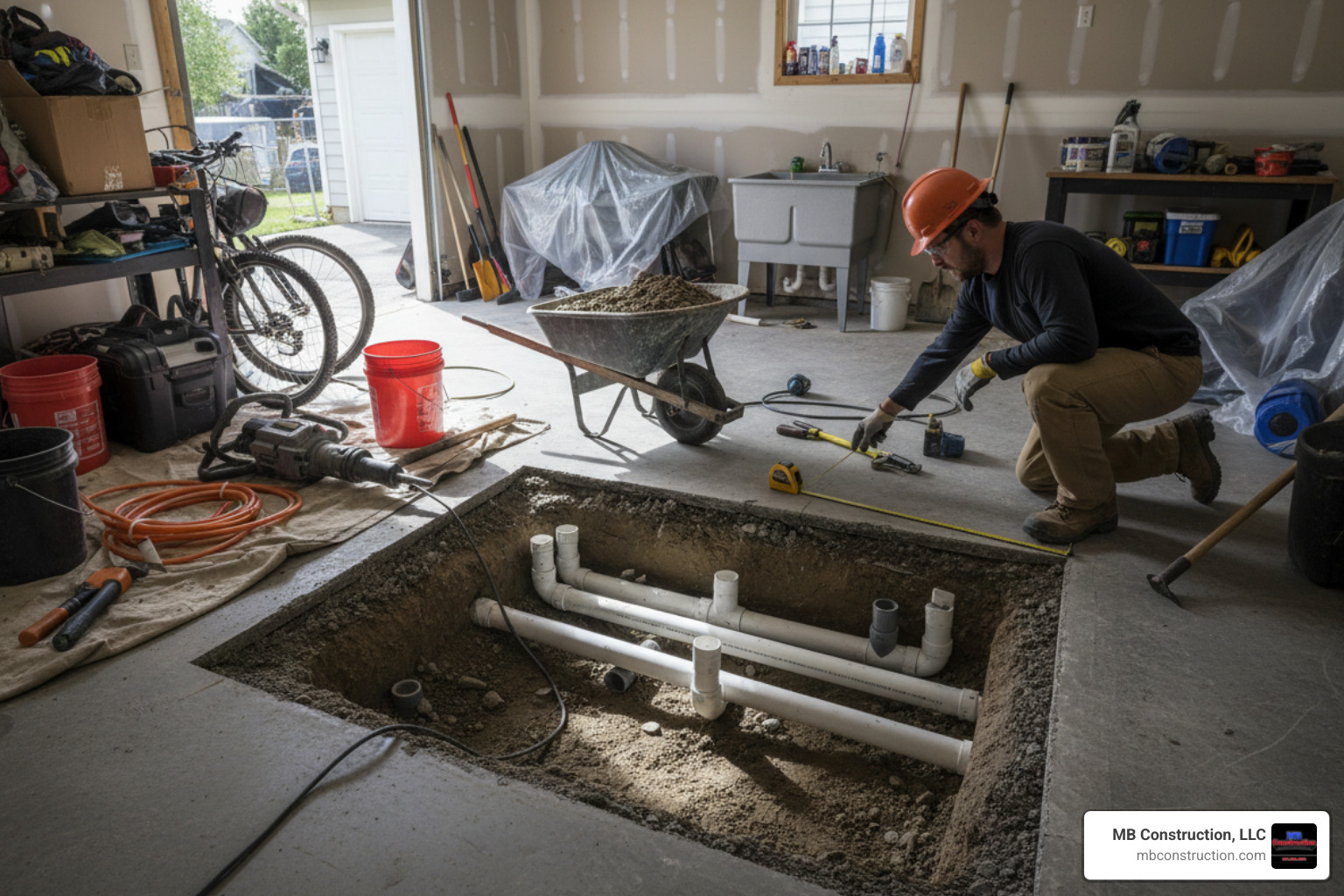 Plumbing trenching in a garage for new bathroom lines - add bathroom to garage cost