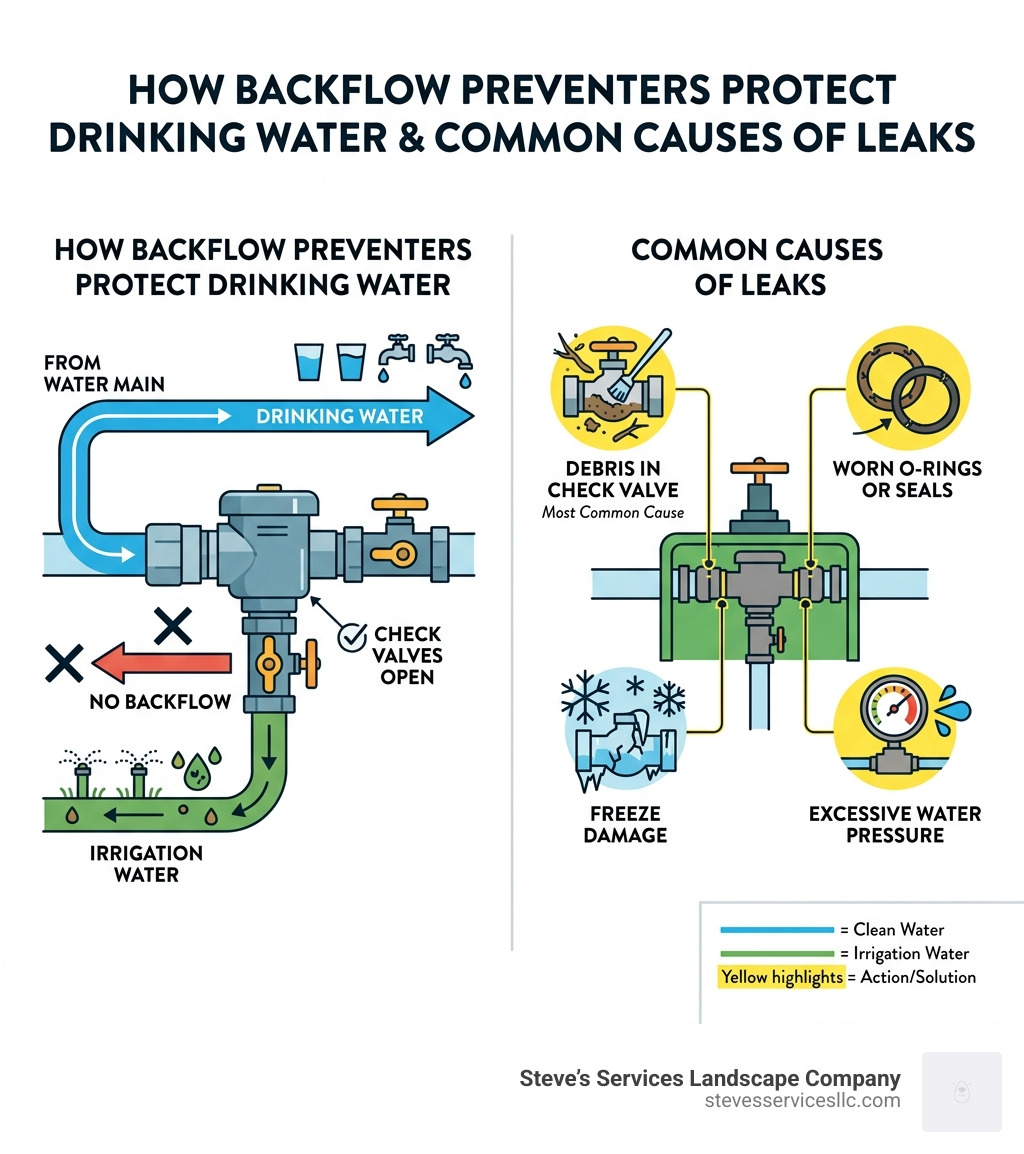 Infographic showing how backflow preventers protect drinking water and common causes of leaks - backflow preventer sprinkler