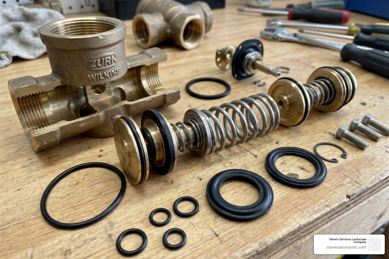 Internal components of a backflow valve including springs and seals - backflow preventer sprinkler system leaking