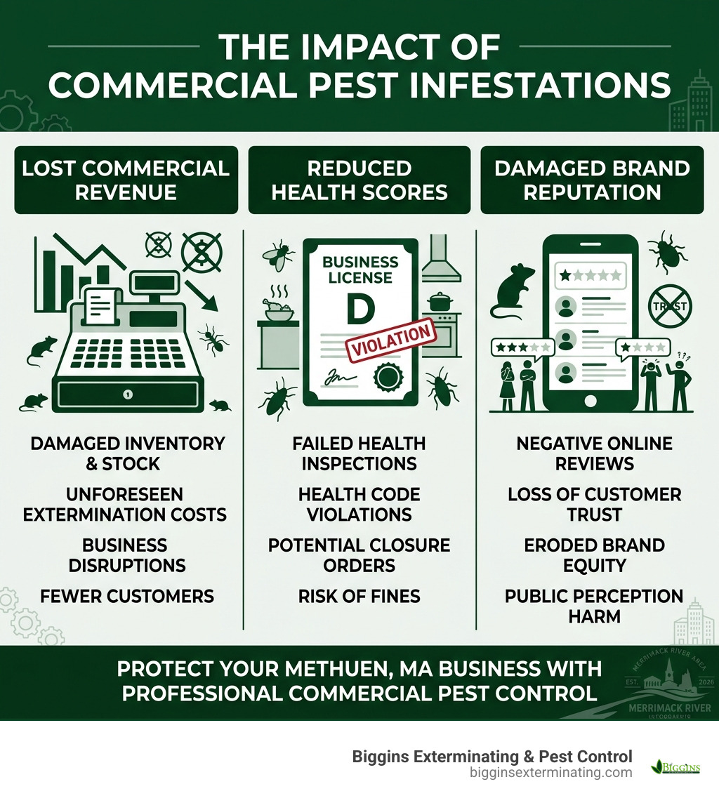 Infographic showing how pest infestations impact commercial revenue, health scores, and brand reputation - commercial pest