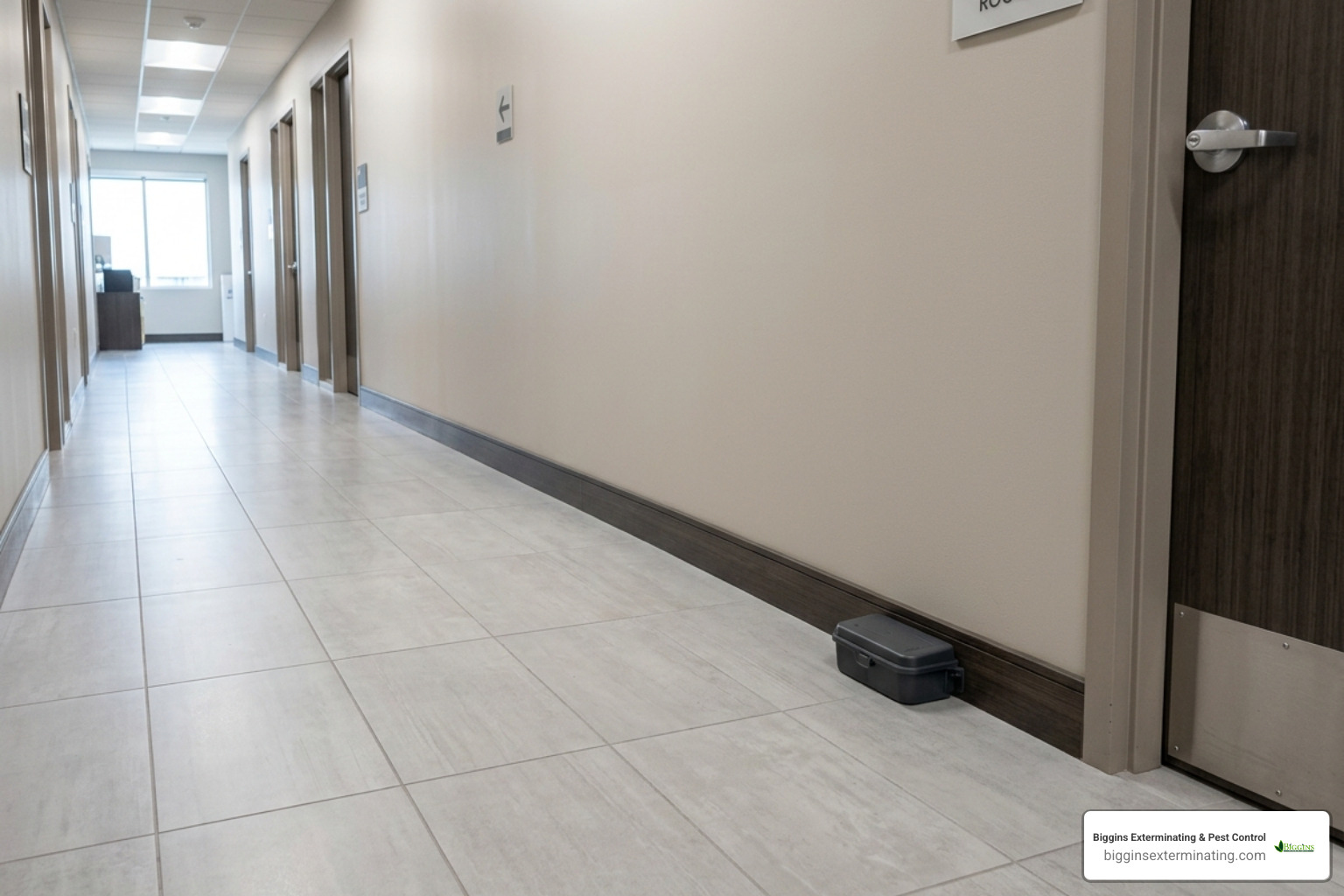 discreet pest monitoring station in a commercial hallway - commercial pest control methuen ma
