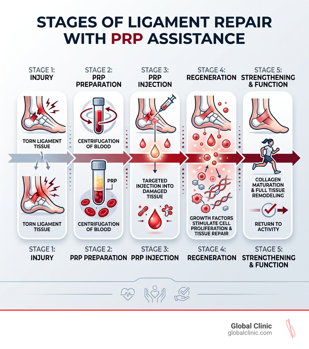 Infographic showing stages of ligament repair from injury through PRP-assisted regeneration - PRP for ligament tear