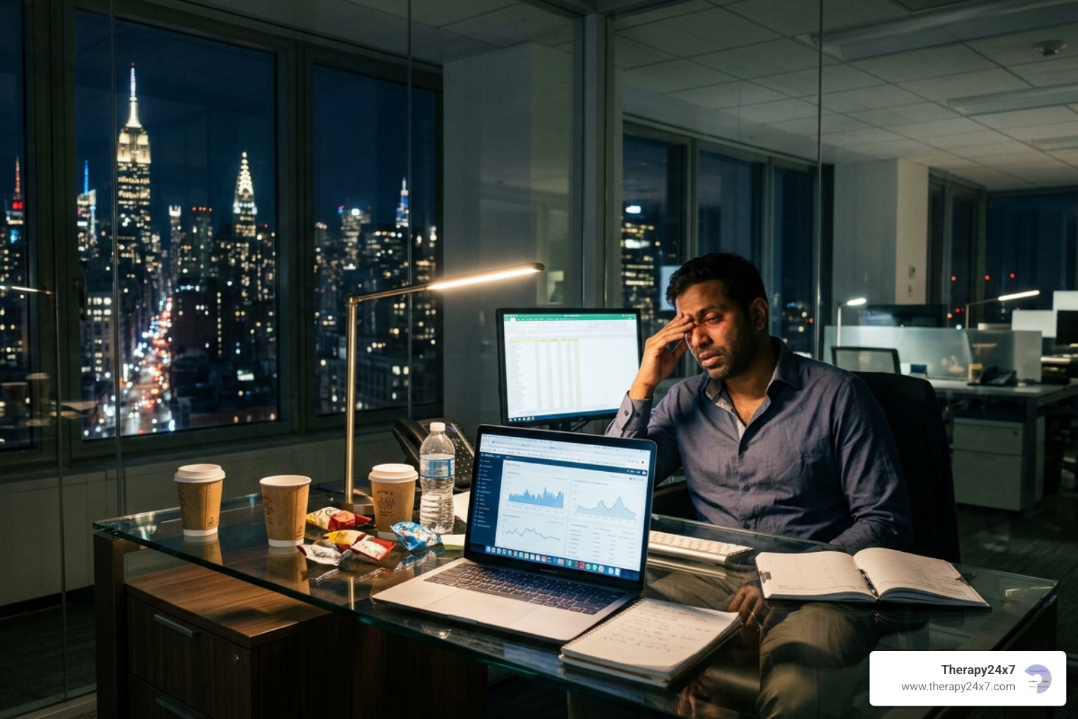 High achiever professional working late in a modern office, showing signs of exhaustion - Deep psychotherapy for high High achiever professional working late in a modern office, showing signs of exhaustion - Deep psychotherapy for high