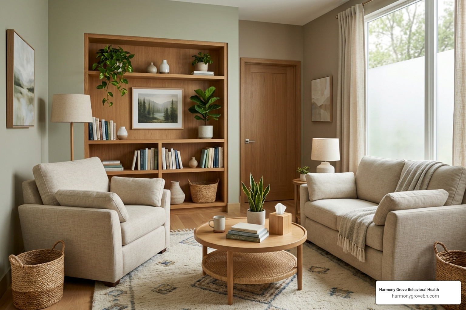 A modern, warm, and inviting clinical office designed for trauma-sensitive care - best practices for trauma informed care