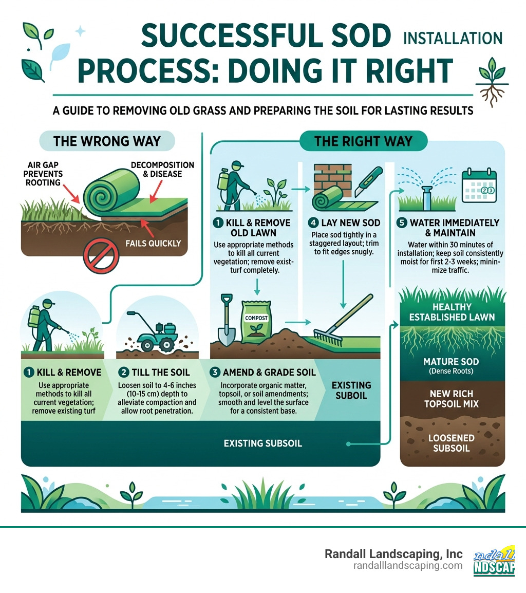 Steps and layers for successful sod installation over existing lawn - install sod over existing lawn infographic 