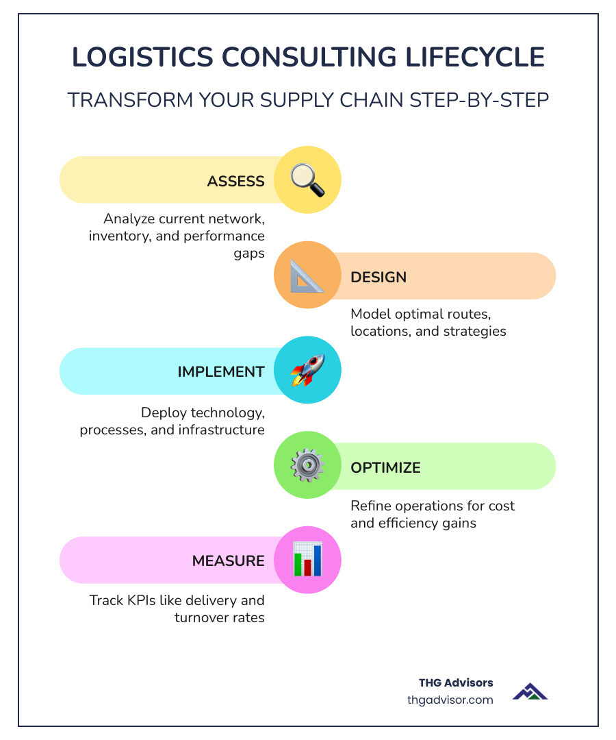 Logistics consulting lifecycle: assess, design, implement, optimize, measure - logistics management consulting infographic Logistics consulting lifecycle: assess, design, implement, optimize, measure - logistics management consulting infographic