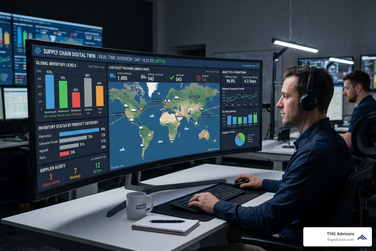 digital twin supply chain dashboard showing real-time inventory and fleet tracking - logistics management consulting digital twin supply chain dashboard showing real-time inventory and fleet tracking - logistics management consulting