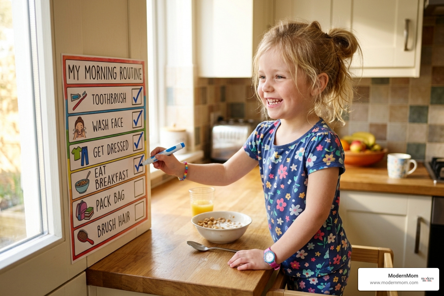A child happily following a colorful visual routine chart in the morning - routine for kids A child happily following a colorful visual routine chart in the morning - routine for kids