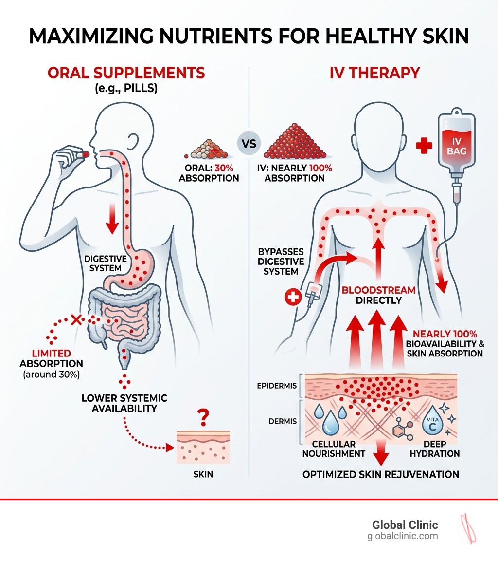 Infographic showing IV nutrient delivery bypassing the digestive system for nearly 100% skin absorption - iv drip for skin