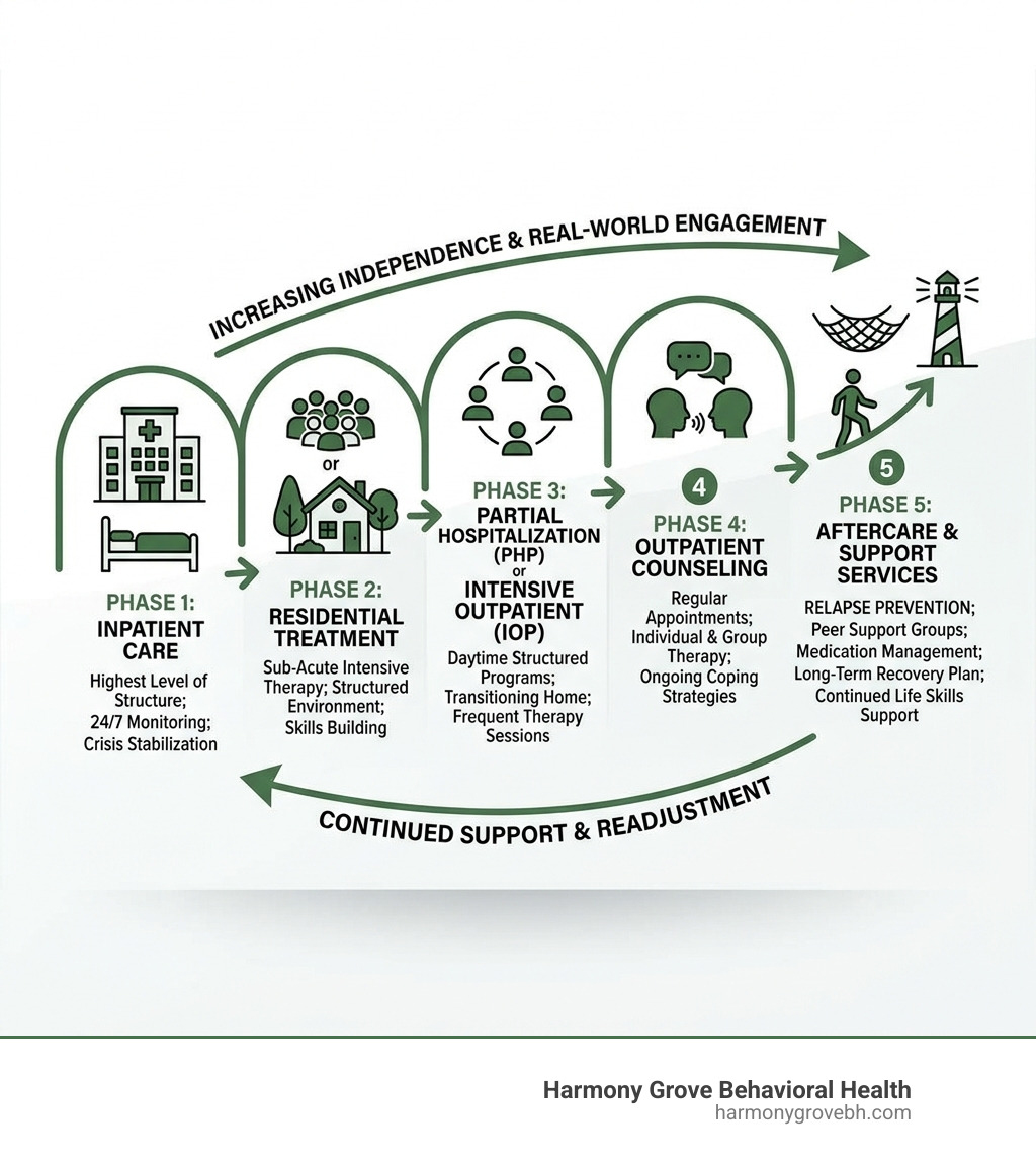 Mental health continuum of care from inpatient to aftercare support services - aftercare planning mental health infographic Mental health continuum of care from inpatient to aftercare support services - aftercare planning mental health infographic