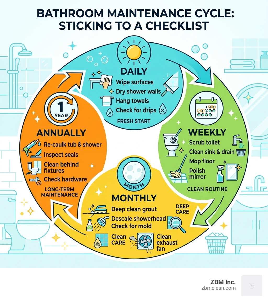 Bathroom maintenance cycle infographic showing daily, weekly, monthly, and annual tasks - bathroom maintenance checklist