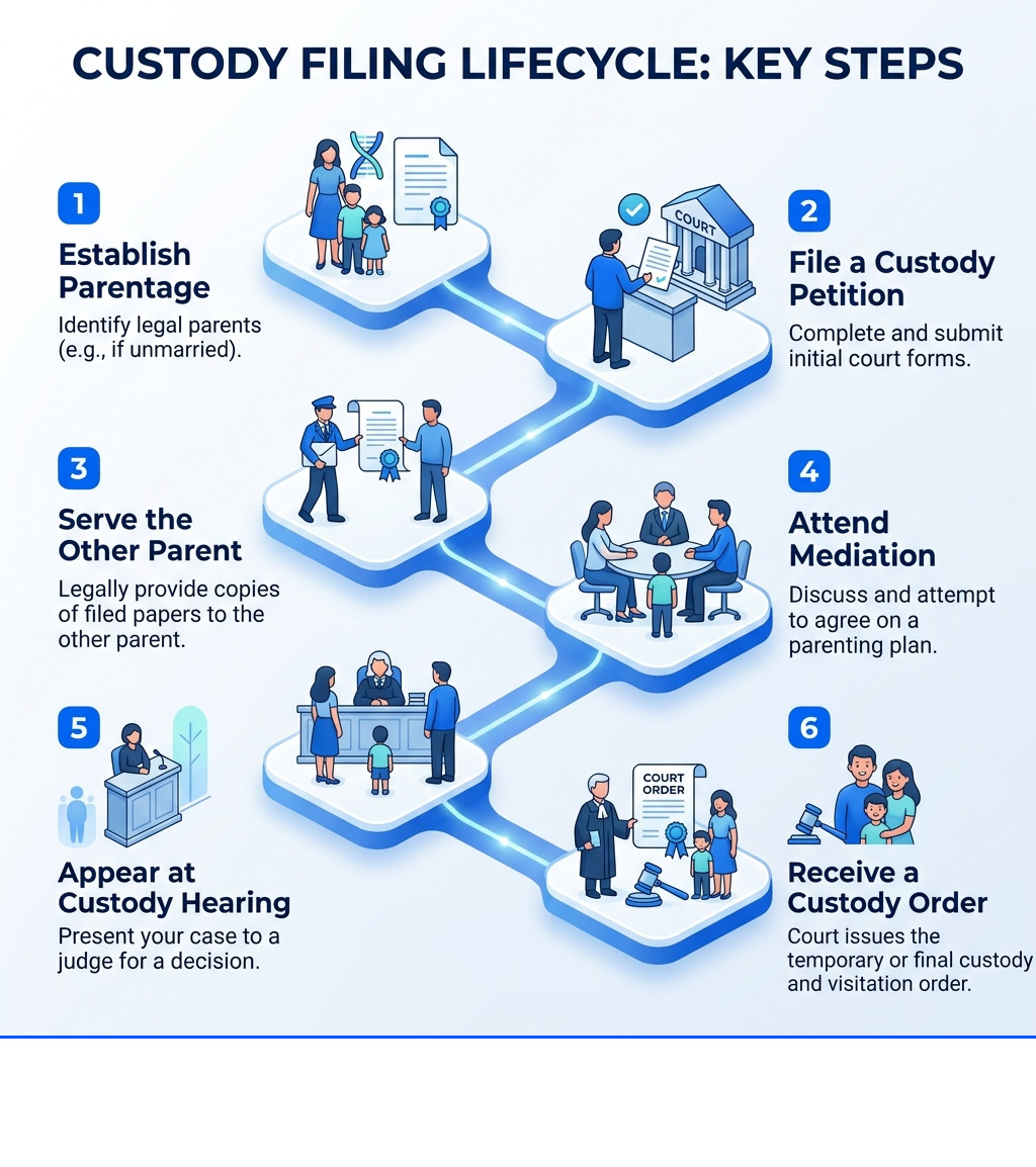 Custody filing lifecycle infographic: parentage, petition, serve, mediate, hearing, order - filing for full custody