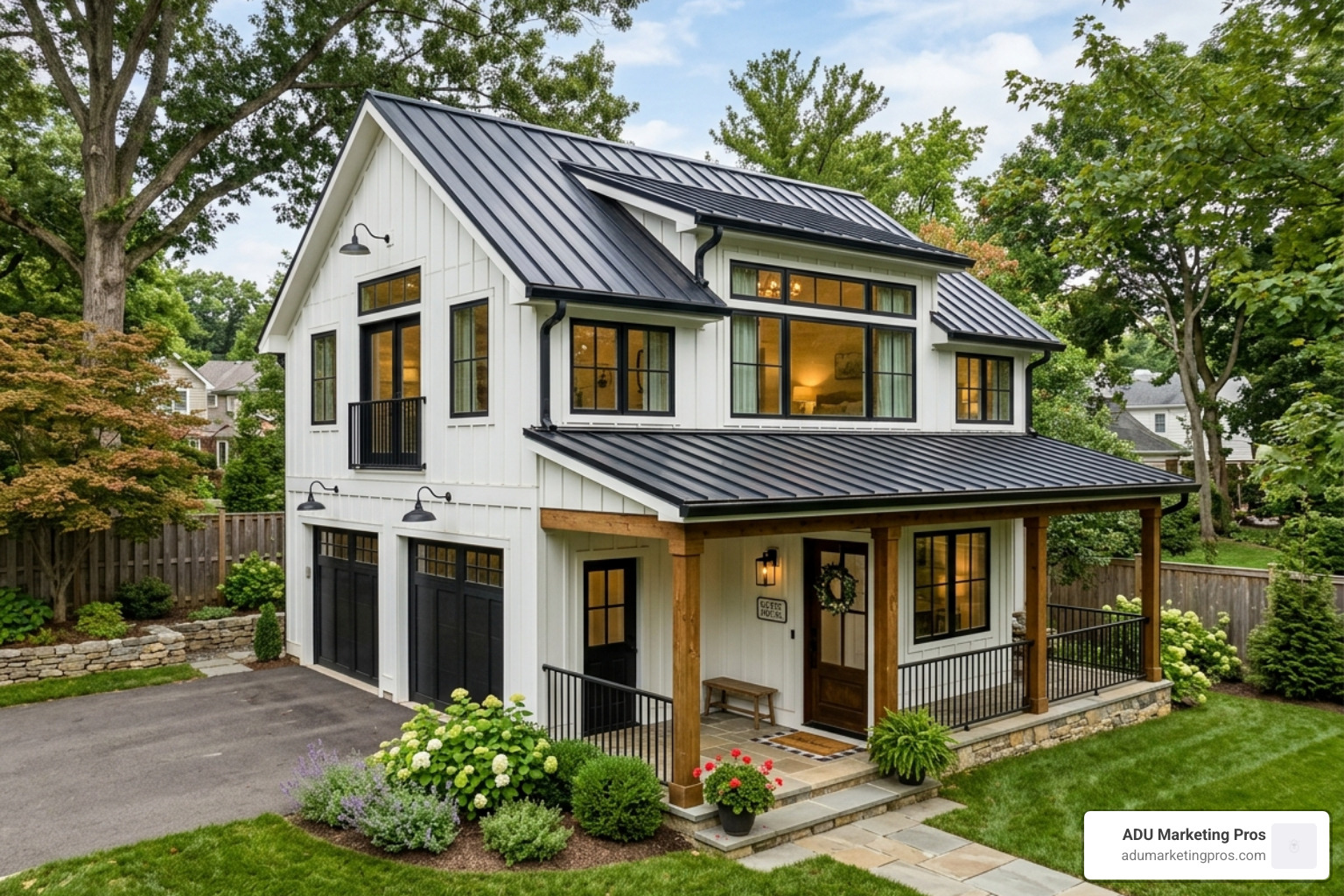 Modern Farmhouse style garage apartment with white board-and-batten siding and black metal roof - Garage apartment ideas