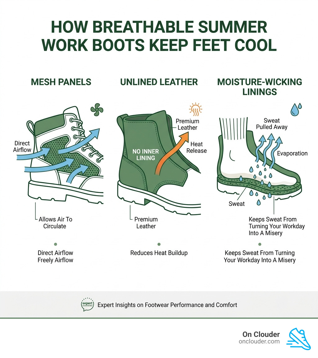 Infographic showing airflow through mesh panels, unlined leather, and moisture-wicking linings in breathable summer work