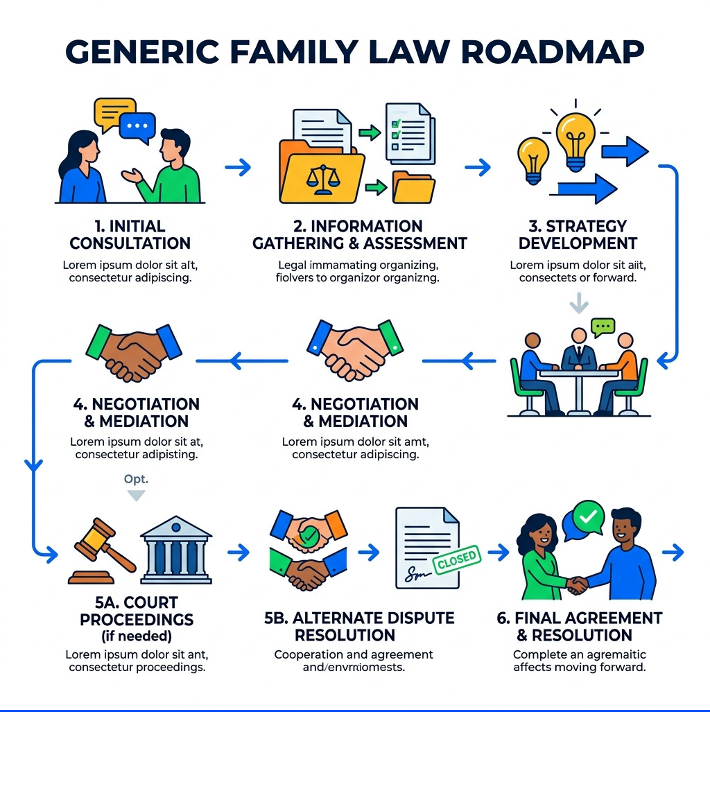 Family law roadmap infographic showing steps from consultation to resolution - family lawyers near me infographic 
