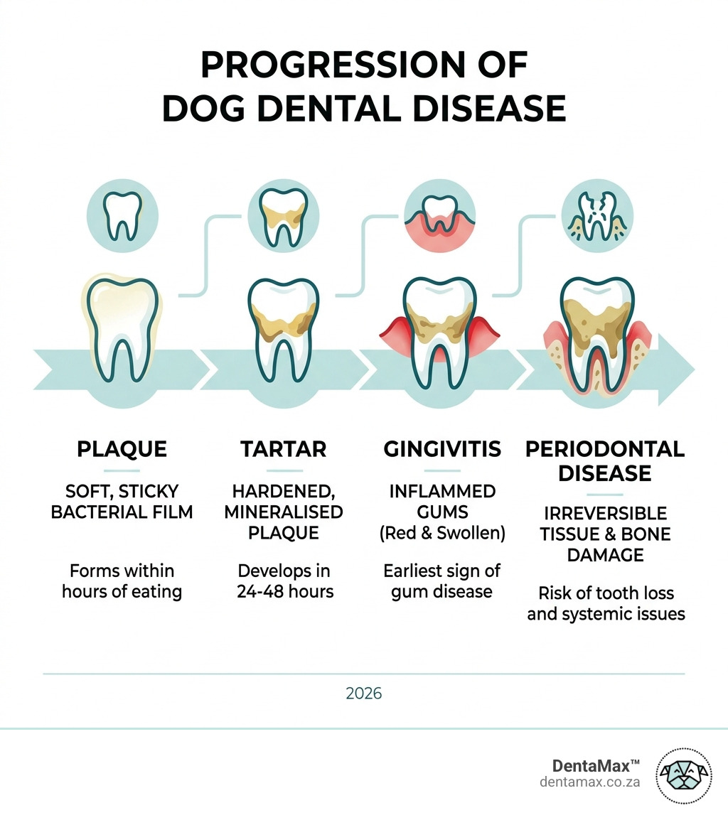 Infographic showing progression from plaque to tartar to gingivitis to periodontal disease in dogs - dog plaque vs tartar