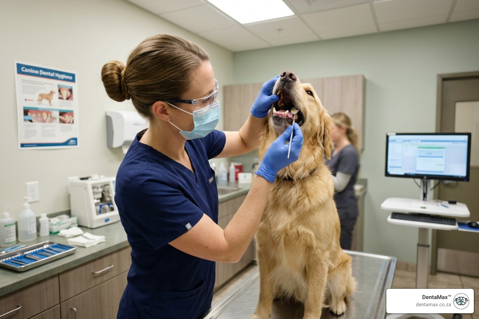 Veterinarian examining a dog's mouth for signs of dental disease - symptoms of canine halitosis