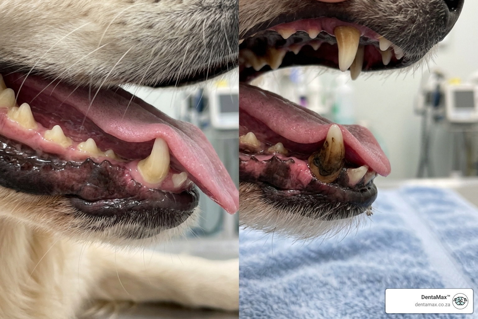 visual difference between soft pale plaque and hard dark tartar on dog teeth - dog plaque vs tartar