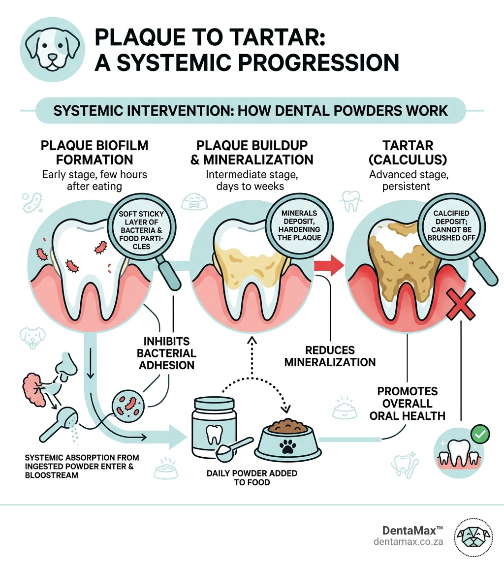 Infographic showing plaque biofilm to tartar mineralisation progression in dogs with dental powder intervention points