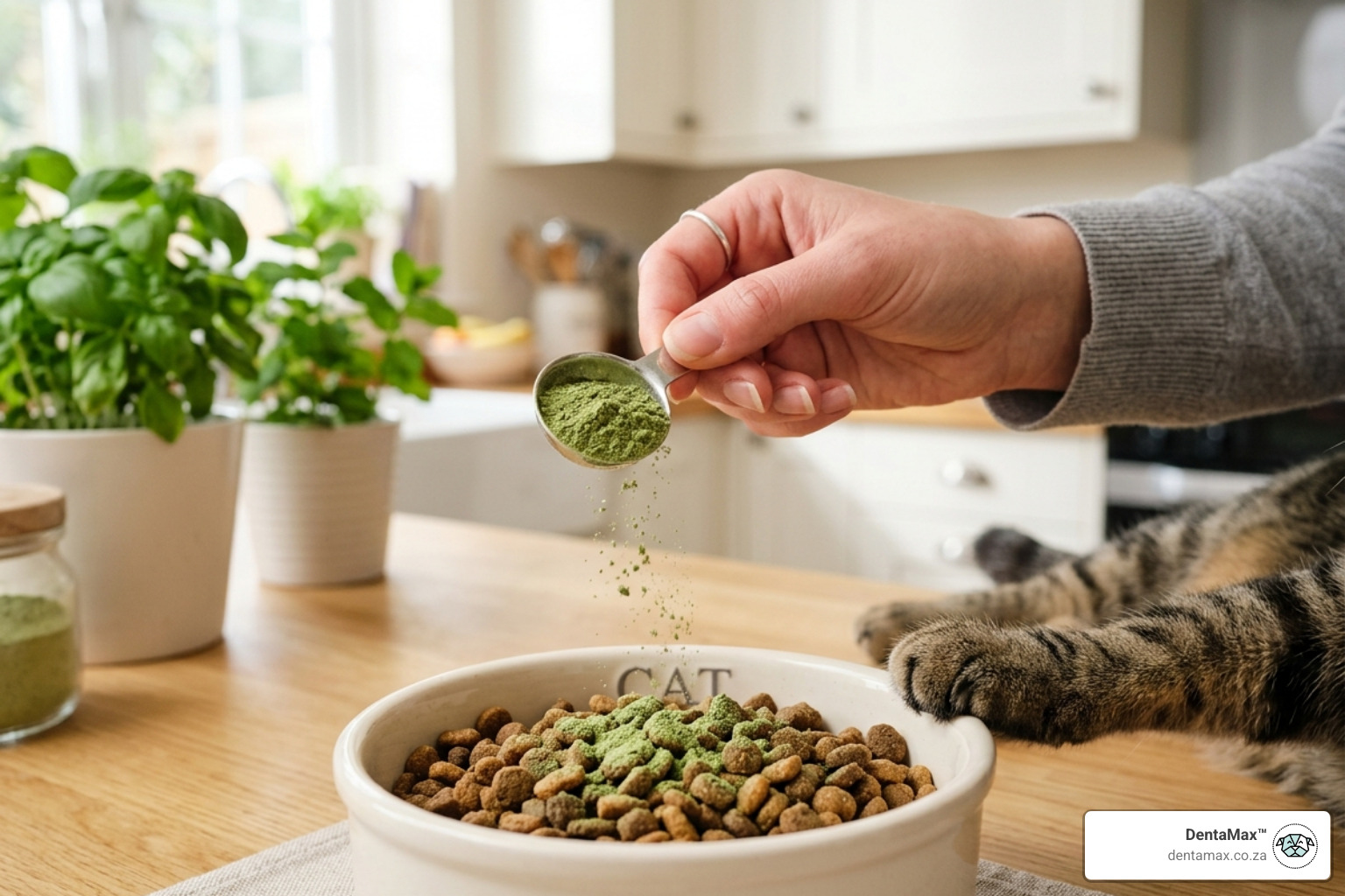 Dental powder being added to a bowl of cat food - plaque powder for cats
