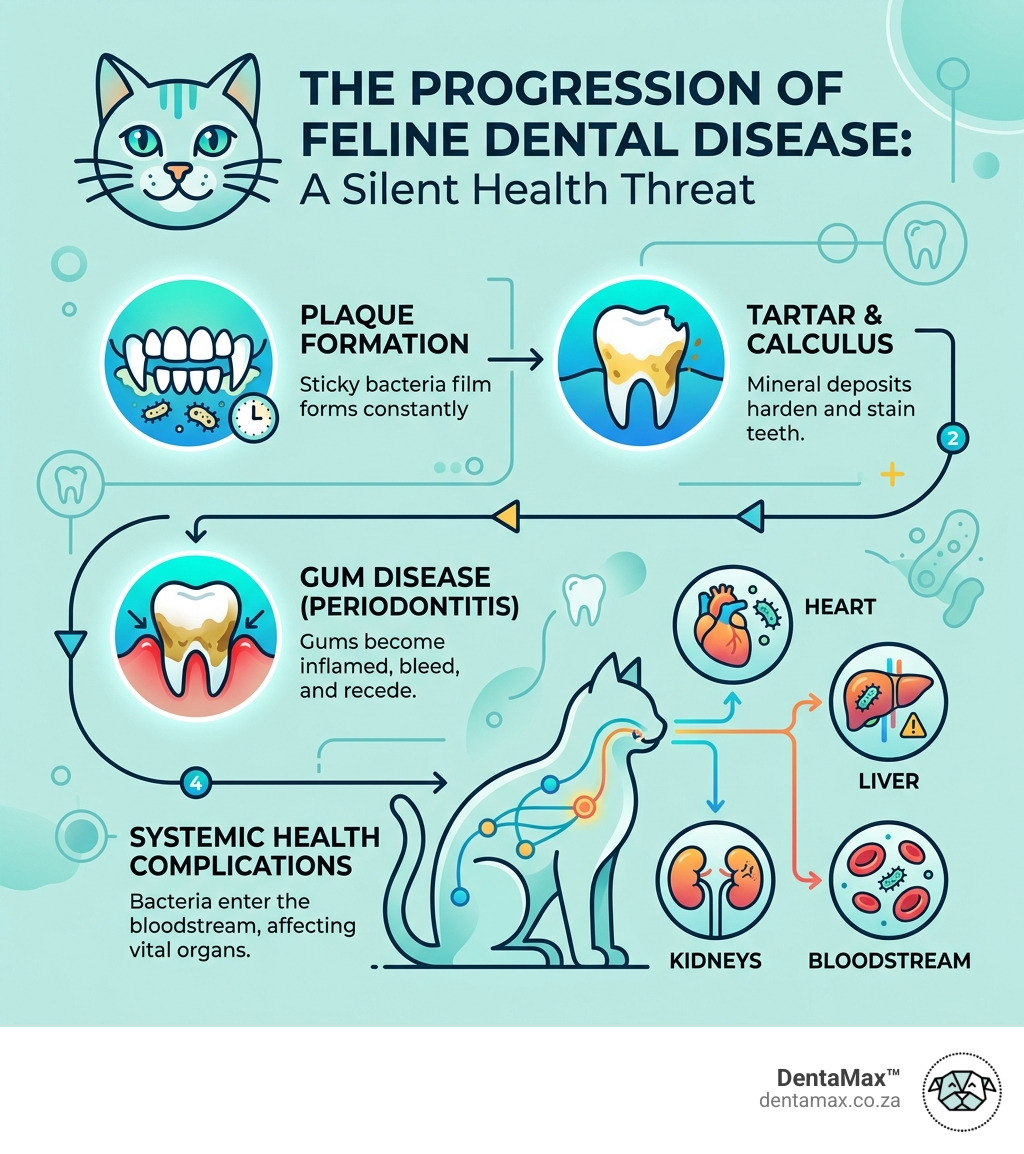 Infographic showing the progression of feline dental disease from plaque to tartar to gum disease and systemic health