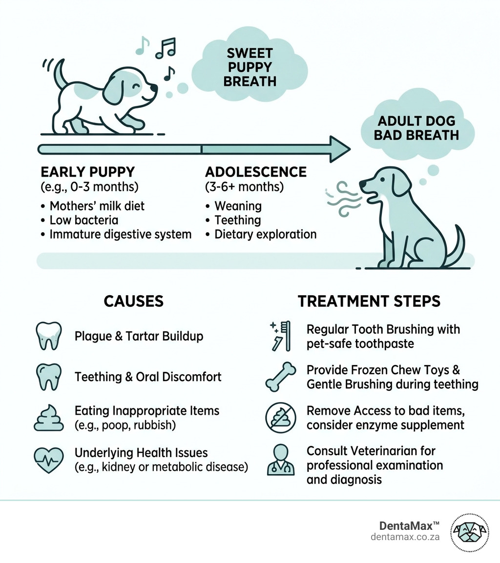 Infographic showing transition from sweet puppy breath to adult dog bad breath with causes and treatment steps - bad breath