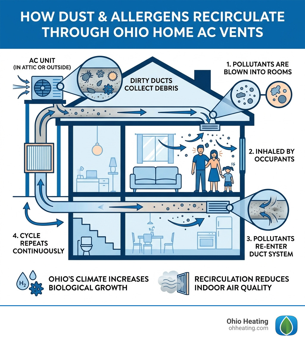Infographic showing how dust and allergens recirculate through AC vents in Ohio homes - Duct cleaning services Ohio