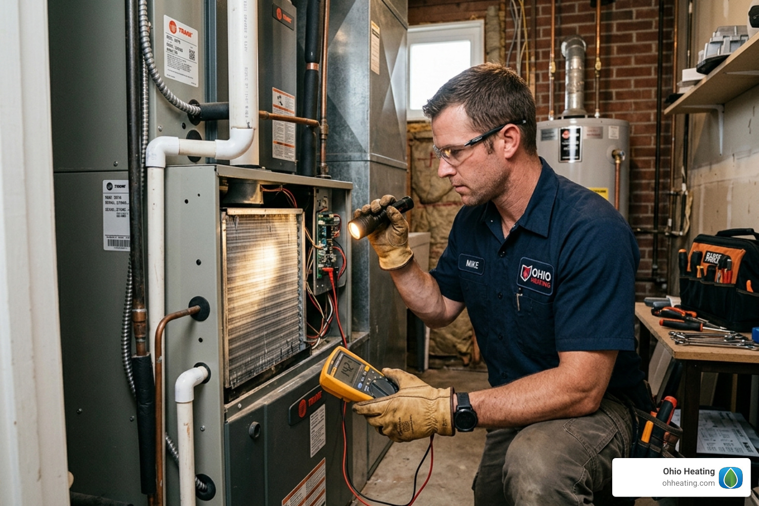 Realistic photo of an Ohio Heating technician wearing a branded shirt and work gloves, inspecting an indoor AC evaporator