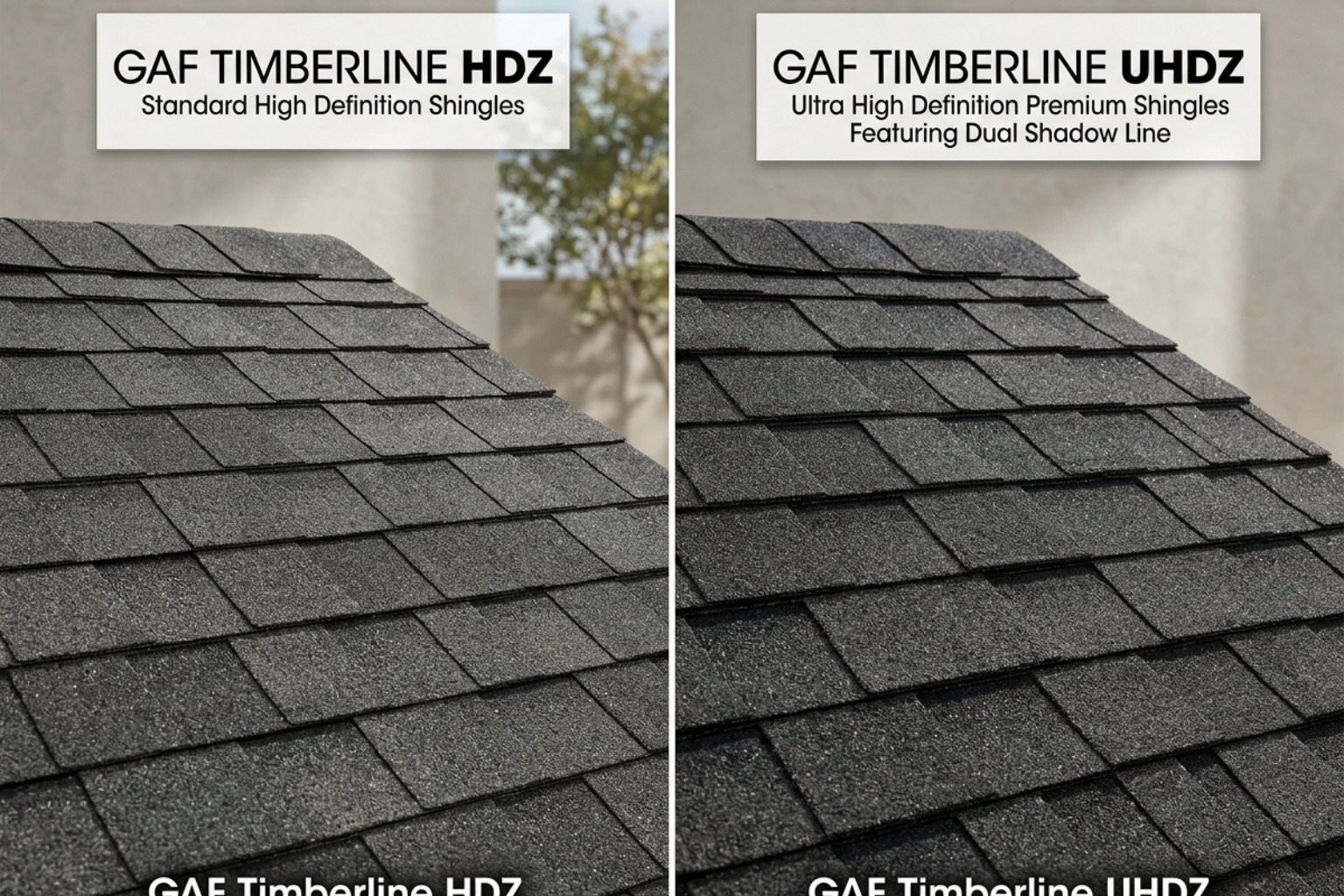Side-by-side comparison of Timberline HDZ and UHDZ textures - gaf shingles Side-by-side comparison of Timberline HDZ and UHDZ textures - gaf shingles