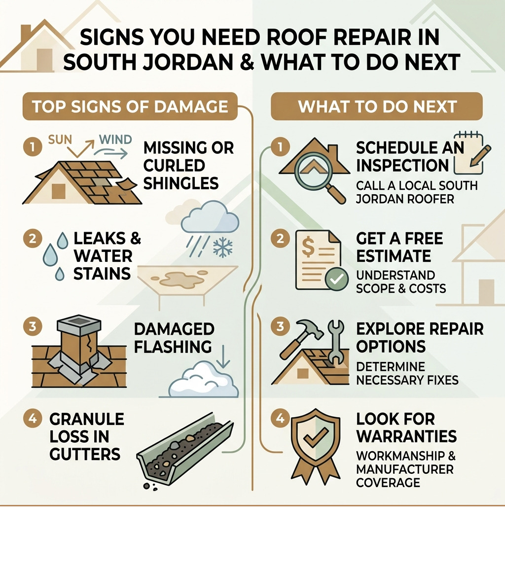 Infographic showing top signs you need roof repair in South Jordan and what to do next - roof repair South Jordan