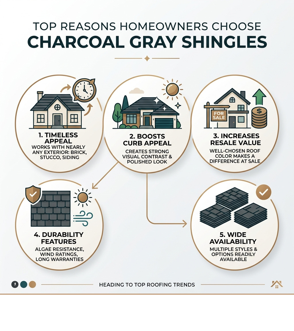 Infographic showing top reasons homeowners choose charcoal gray shingles: timeless appeal, curb appeal, resale value Infographic showing top reasons homeowners choose charcoal gray shingles: timeless appeal, curb appeal, resale value