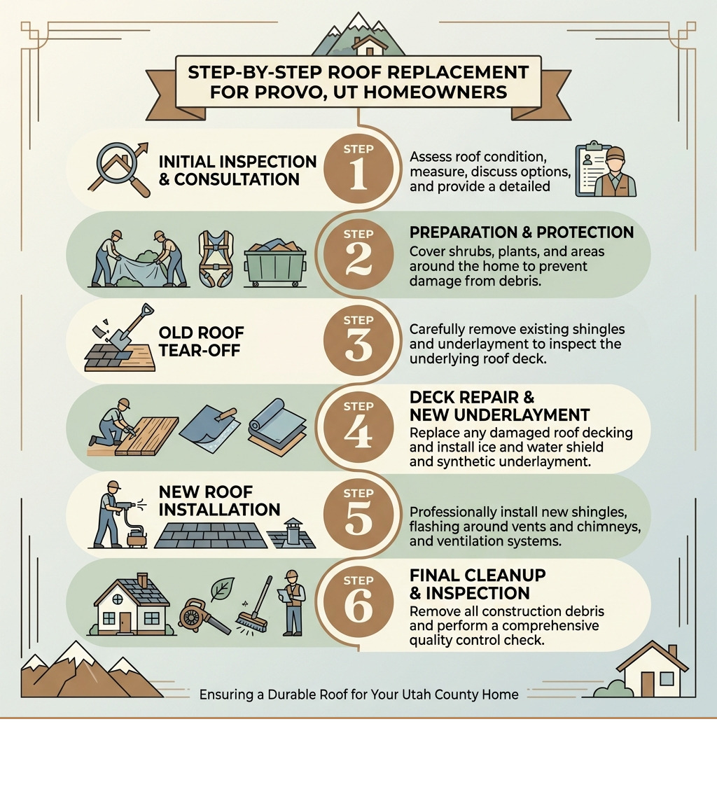 Step-by-step roof replacement process infographic for Provo Utah homeowners - Provo roofing contractor infographic Step-by-step roof replacement process infographic for Provo Utah homeowners - Provo roofing contractor infographic
