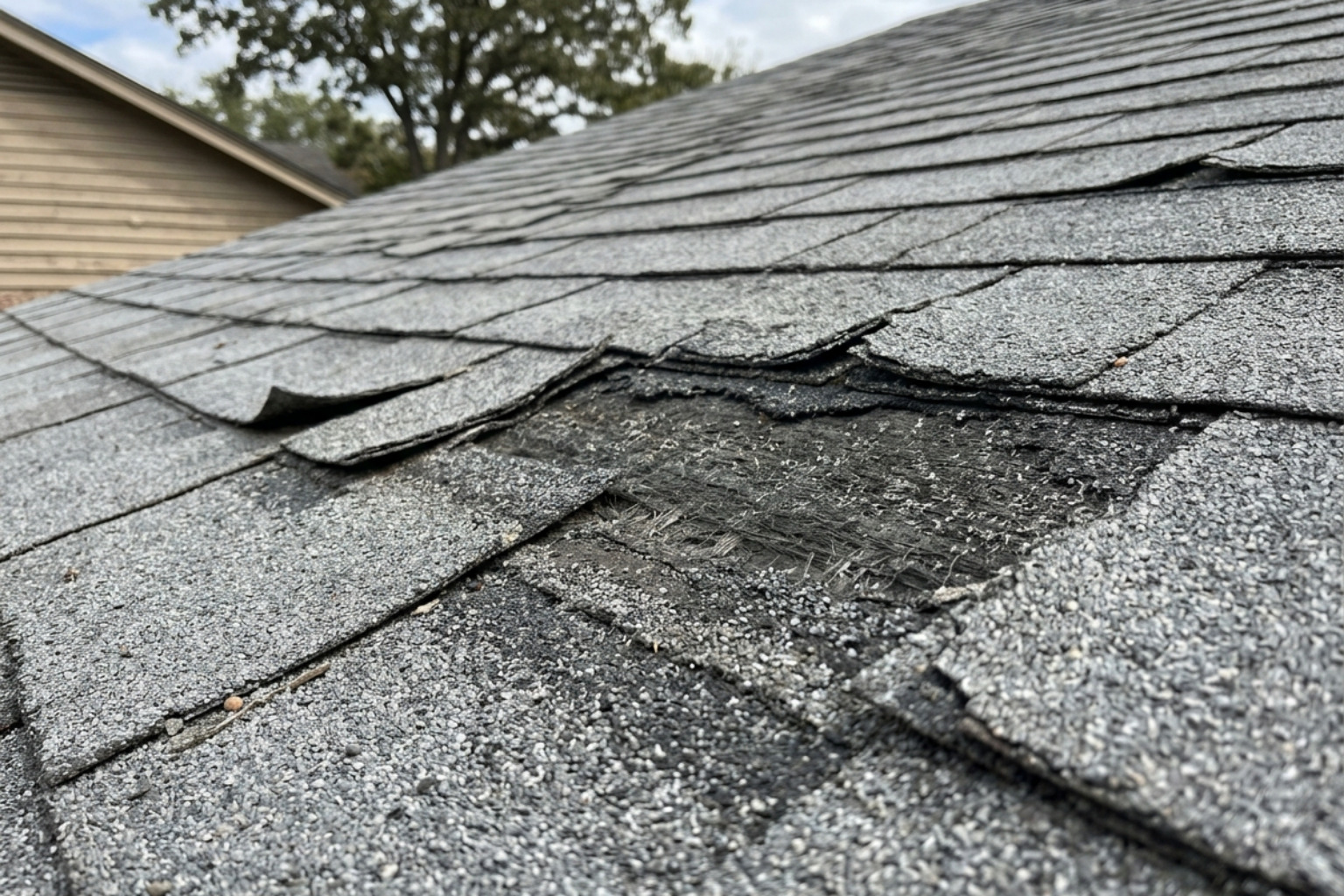 damaged asphalt shingles showing granule loss and curling - new roof Salt Lake City damaged asphalt shingles showing granule loss and curling - new roof Salt Lake City