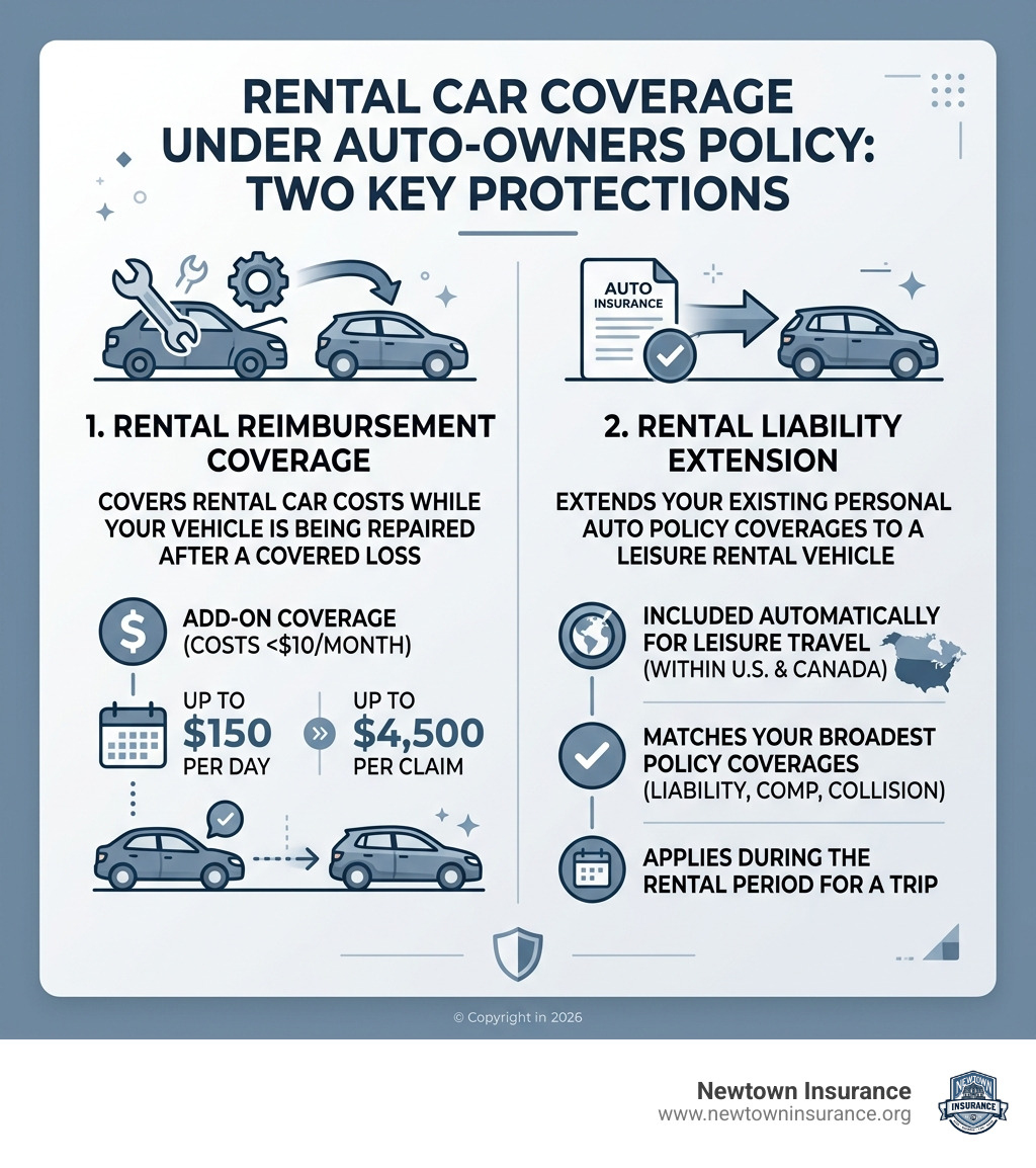 Infographic comparing rental reimbursement coverage vs. rental liability extension under Auto-Owners policy - auto owners
