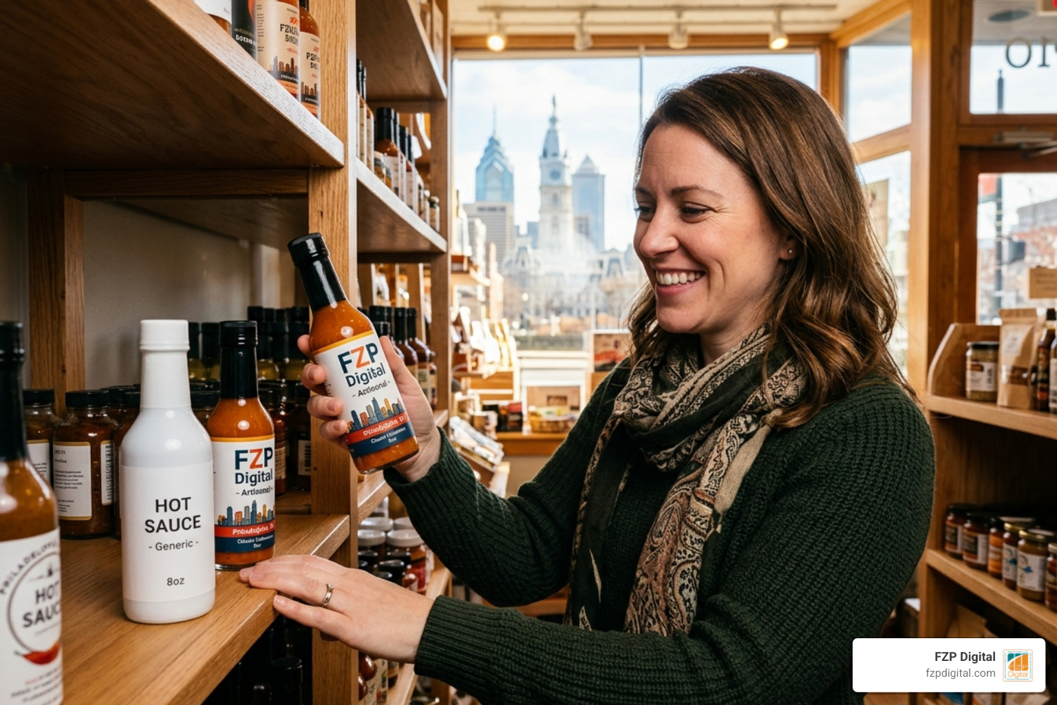 A customer smiling while comparing two similar products, choosing the one with the more professional and inviting brand A customer smiling while comparing two similar products, choosing the one with the more professional and inviting brand