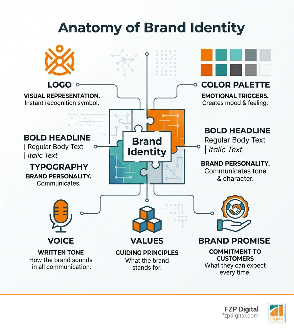 Anatomy of a brand identity showing logo, color palette, typography, voice, values, and brand promise - what is brand Anatomy of a brand identity showing logo, color palette, typography, voice, values, and brand promise - what is brand