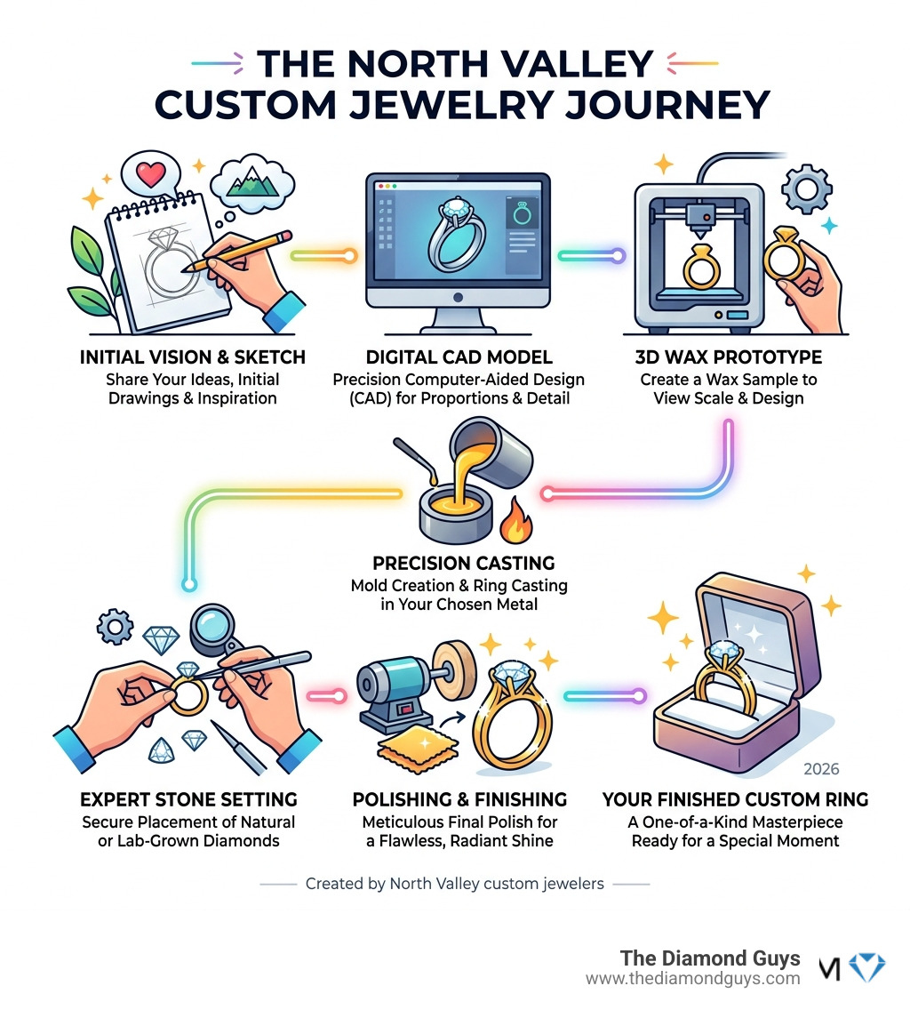 Custom jewelry journey from initial sketch to finished ring infographic - North Valley custom jewelers infographic Custom jewelry journey from initial sketch to finished ring infographic - North Valley custom jewelers infographic