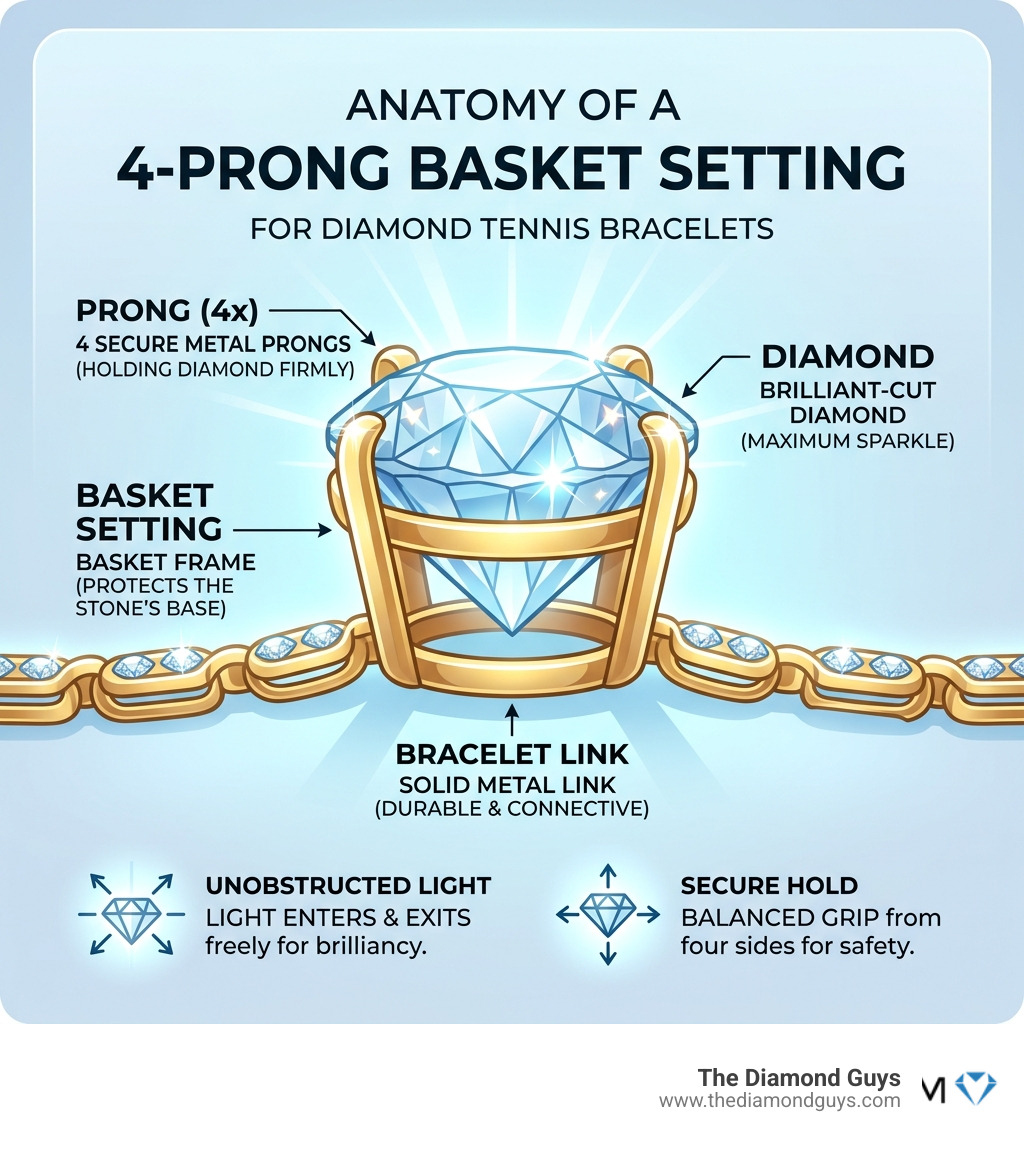 Anatomy of a 4-prong basket setting in a diamond tennis bracelet infographic - 4 prong tennis bracelet infographic 