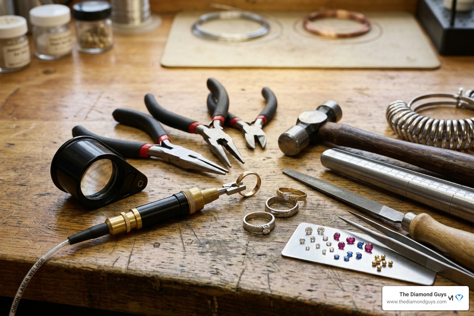 Various jewelry tools on a workbench used for intricate repairs and stone setting - Phoenix jewelry repair near me Various jewelry tools on a workbench used for intricate repairs and stone setting - Phoenix jewelry repair near me
