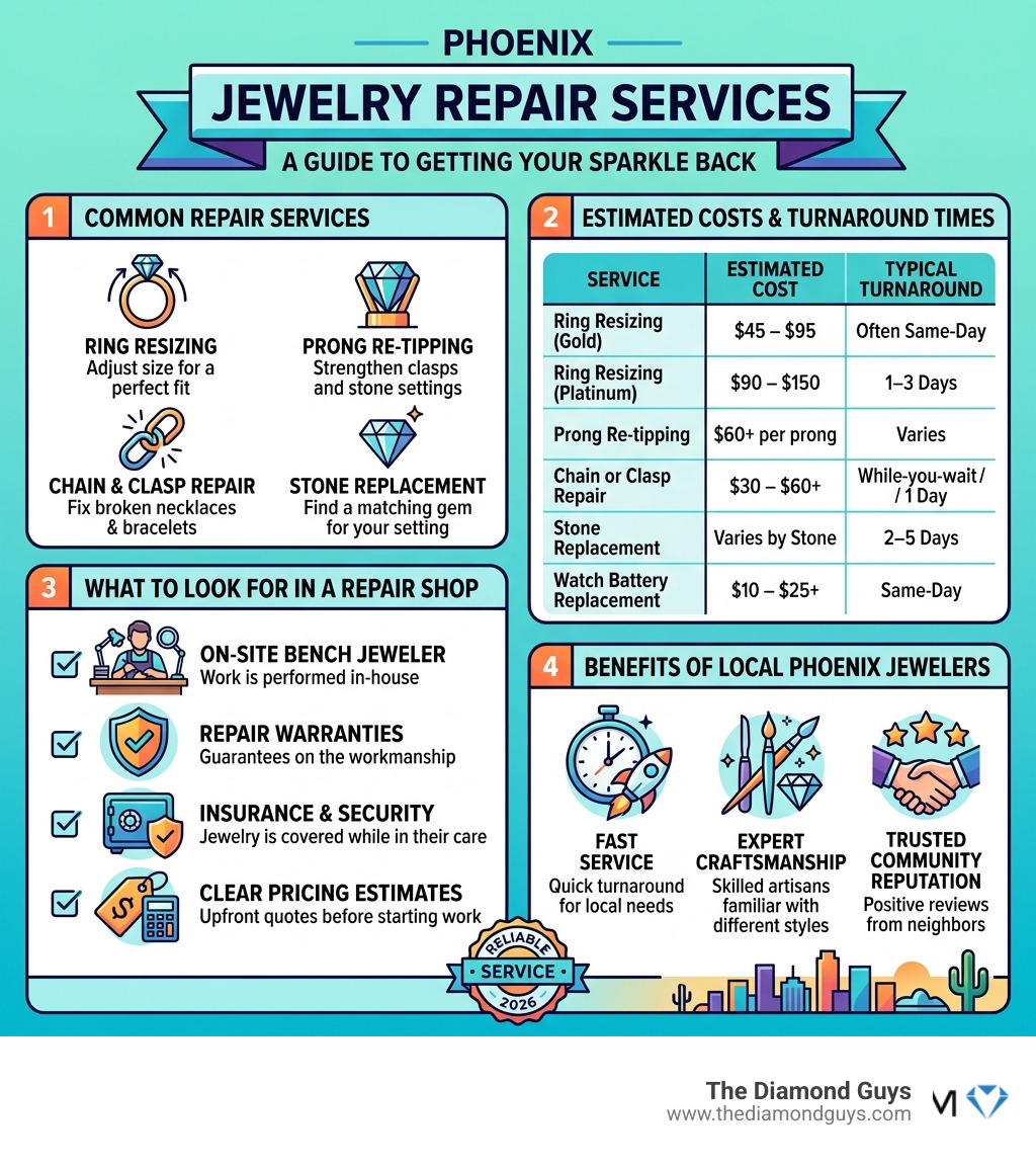 Infographic showing Phoenix jewelry repair services, costs, turnaround times, and what to look for in a repair shop Infographic showing Phoenix jewelry repair services, costs, turnaround times, and what to look for in a repair shop