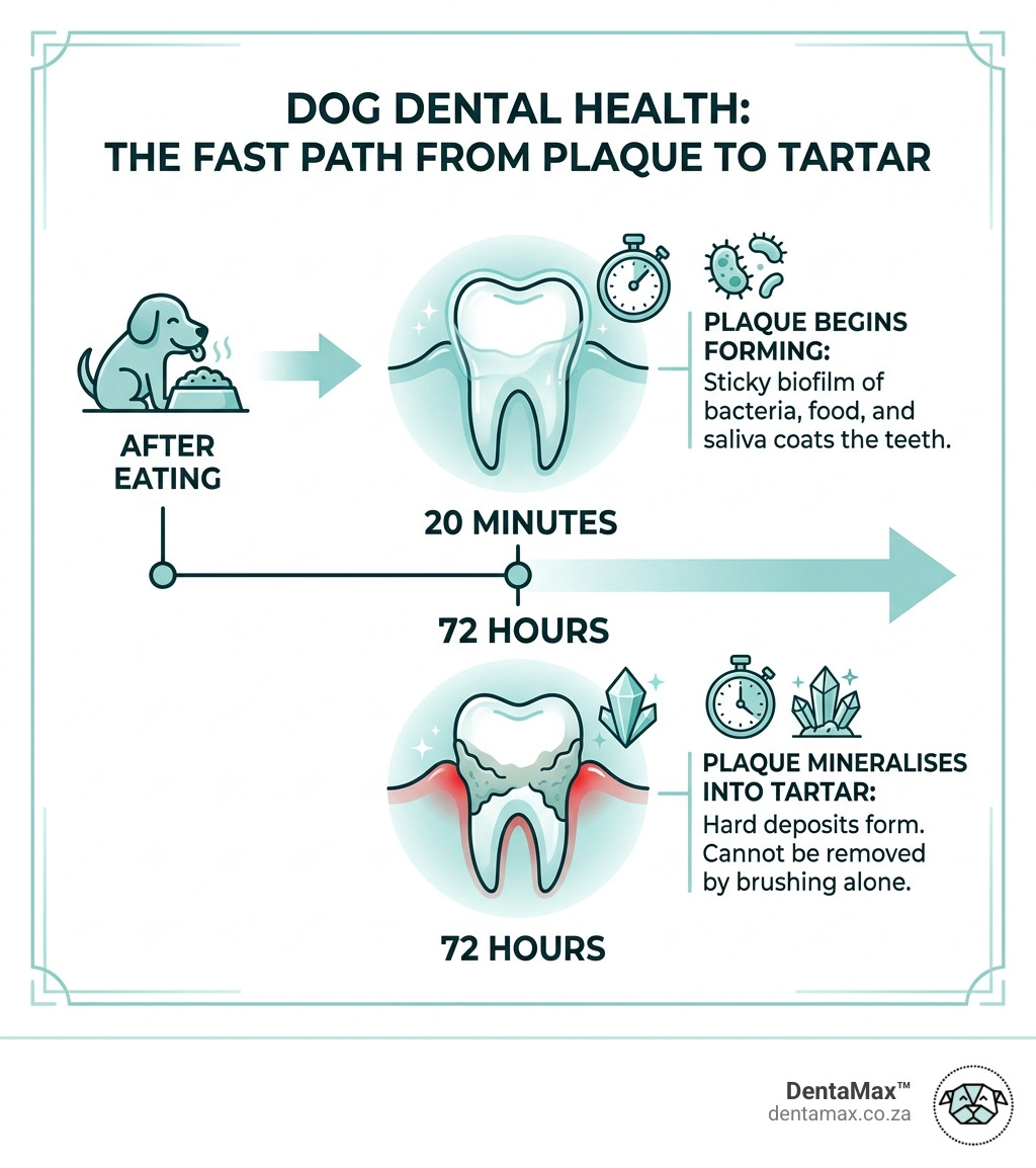 Timeline infographic showing plaque forming in 20 minutes and mineralising into tartar within 72 hours in dogs - dog tartar